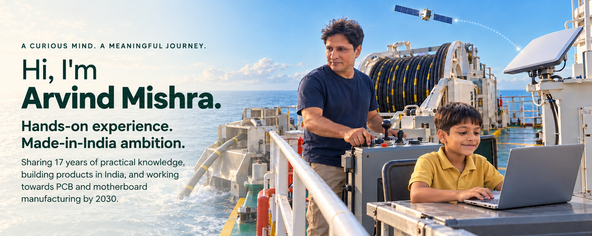 Arvind Mishra: 17 years of practical experience, manufacturing in India, and a goal of PCB and motherboard manufacturing by 2030. Arvind and his son on a ship with fiber and satellite connectivity.